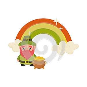 St patrick's day, cute leprechaun with pot of gold on rainbow background, . vector illustration on white background