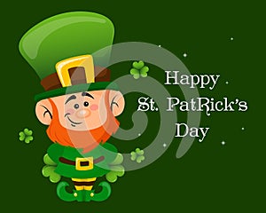 St. Patrick's Day, cute leprechaun with shamrock leaves and greeting text. Illustration, postcard, banner