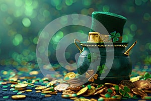 St. Patrick\'s day design concept with green pot full of gold coins and leprechaun hat