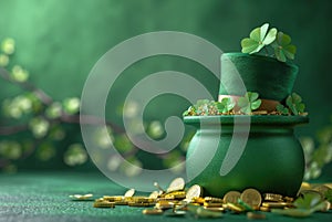 St. Patrick\'s day design concept with green pot full of gold coins and leprechaun hat