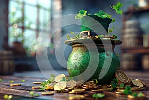 St. Patrick\'s day design concept with green pot full of gold coins and leprechaun hat