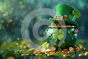 St. Patrick\'s day design concept with green pot full of gold coins and leprechaun hat