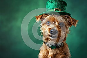 St. Patrick's Day. Dog in a leprechaun hat on a green background