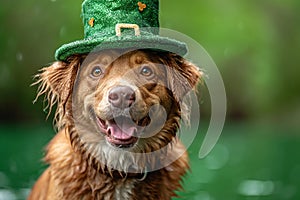 St. Patrick's Day. Dog in a leprechaun hat on a green background