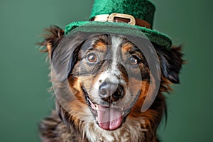 St. Patrick's Day. Dog in a leprechaun hat on a green background