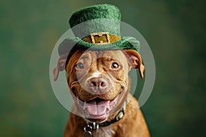 St. Patrick's Day. Dog in a leprechaun hat on a green background