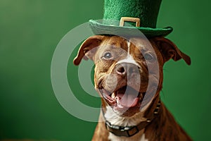 St. Patrick's Day. Dog in a leprechaun hat on a green background