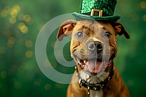 St. Patrick's Day. Dog in a leprechaun hat on a green background