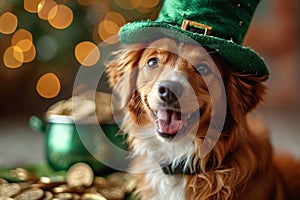 St. Patrick's Day. Dog in a leprechaun hat on a green background