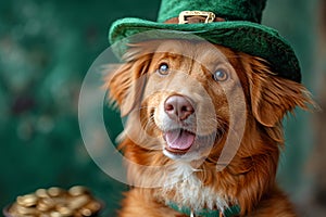 St. Patrick's Day. Dog in a leprechaun hat on a green background