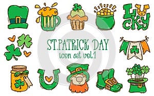 St. Patrick`s Day doodle style colorful hand-drawn icon set