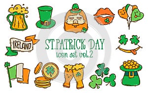 St. Patrick`s Day doodle style colorful hand-drawn icon set