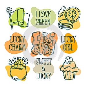 St. Patrick`s Day doodle style hand-drawn icon set and lettering