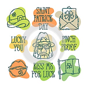 St. Patrick`s Day doodle style hand-drawn icon set and lettering