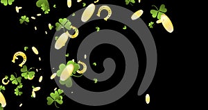 St. Patrick`s Day festive animation with clover, gold coins and horseshoes. Four-leafed and three-leafed clover. Horizontal