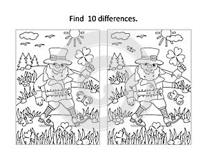 St Patrick`s Day find the differences picture puzzle and coloring page