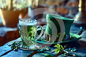 St. Patrick\'s Day.glass of green beer, leprechaun hat and clover on a wooden table in a bar.