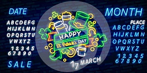 St Patrick`s Day Glow Signboard with Leprachaun Hat. Clover Leaf Talisman. Shiny Neon Light Poster, Flyer, Banner, Postcard, photo