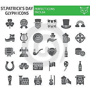 St. Patrick`s Day glyph icon set, holiday symbols collection, vector sketches, logo illustrations, saint patrick icons