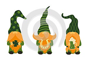 St. Patrick`s Day Gnomes with shamrock, mug of beer and horseshoe