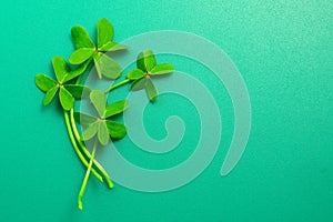 St. Patrick\'s Day green background decorated with shamrock leaves. Irish Patrick Day pub party celebrating