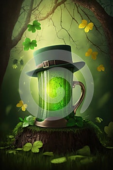 St. Patrick`s Day Green Hat with Beer. Generative AI