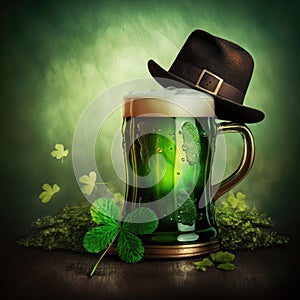 St. Patrick`s Day Green Hat with Beer. Generative AI