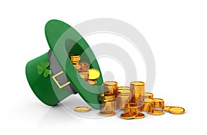 St. Patrick's Day. Green Leprechaun Hat with Clover Inverted upside down and a lot of gold coins. isolated on white