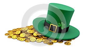 St. Patrick's Day. Green Leprechaun Hat with Clover and a lot of gold coins. isolated on white background. 3d render