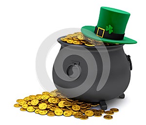 St. Patrick's Day. Green Leprechaun Hat with Clover and Treasure pot full of gold coins. isolated on white background