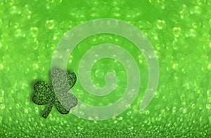 St. Patrick's Day. Green lights. Bokeh shape of clover. Blurry, abstract background for St. Patrick's Day