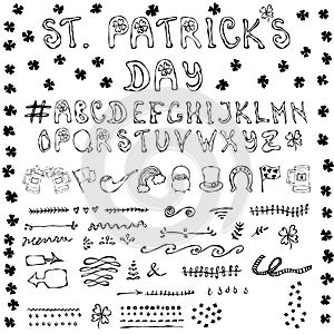 St. Patrick s Day Hand Drawing Full Collectoin Lettering Design Elements Irish symbols. Leprechauns Hat, Horseshoe, Pot of gold, F