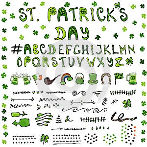 St. Patrick s Day Hand Drawing Full Collectoin Lettering Design Elements Irish symbols. Leprechauns Hat, Horseshoe, Pot of gold, F