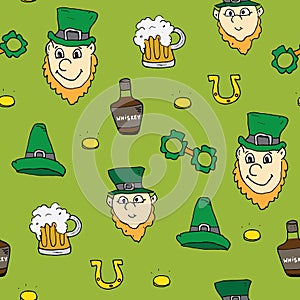 St Patrick`s Day hand drawn doodle Seamless pattern, vector illustration background