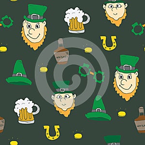 St Patrick`s Day hand drawn doodle Seamless pattern, vector illustration background
