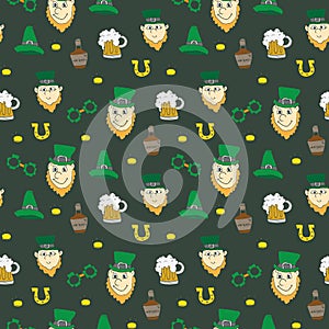 St Patrick`s Day hand drawn doodle Seamless pattern, vector illustration background