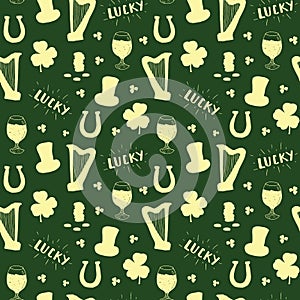 St Patrick`s Day hand drawn seamless pattern, with leprechaun hat, coins, beer cup, four leaf clover, horseshoe and celtic harp ve