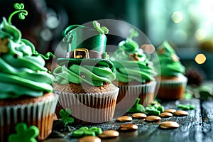 St.Patrick \'s Day. holiday cupcakes with green cream with clover and leprechaun hat.