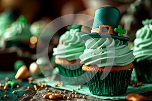 St.Patrick \'s Day. holiday cupcakes with green cream with clover and leprechaun hat.