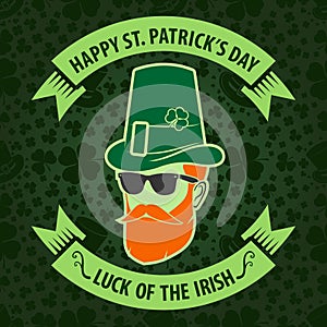 St. Patrick`s Day Holiday poster, banner, label, badge, emblem or greeting card design with hipster leprechaun.