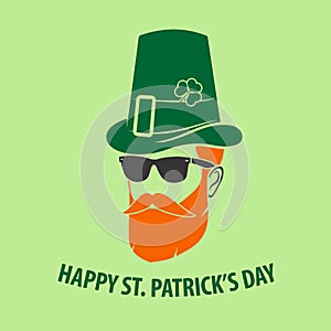 St. Patrick`s Day Holiday poster, banner, label, badge, emblem or greeting card design with hipster leprechaun.