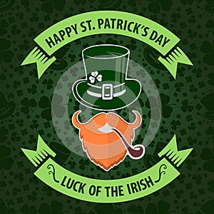 St. Patrick`s Day Holiday poster, banner, label, badge, emblem or greeting card design with Irish leprechaun. Vector illustration