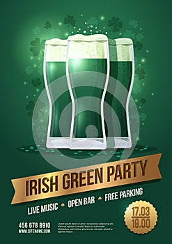 St. Patrick`s Day. Holiday poster with three beer glasses and lettering on golden ribbon: `Irish green party`.