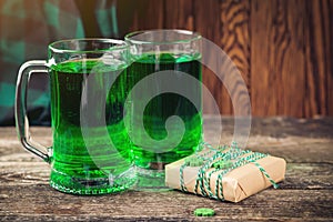 St.Patrick`s day holiday symbol. Lucky mood. Space for text. Green beer and gifts for celebration