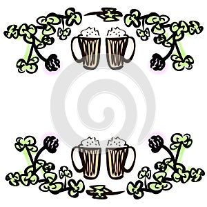 St. Patrick's Day holiday symbols. Green clover leaf. Beer mug. Party Design vector illustration. St.