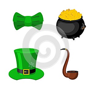 St. Patrick`s Day icon set. Leprechaun accessory. pot of gold and smoking pipes.