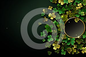 St Patrick's day illustration, clover leafs rotating on the green background. Gold and 4 leaves clower in a pot