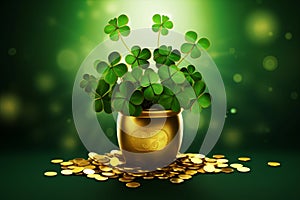 St Patrick's day illustration, clover leafs rotating on the green background. Gold and 4 leaves clower in a pot