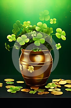 St Patrick's day illustration, clover leafs rotating on the green background. Gold and 4 leaves clower in a pot