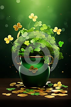 St Patrick's day illustration, clover leafs rotating on the green background. Gold and 4 leaves clower in a pot